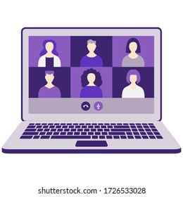 Online meeting with colleagues or friends on laptop. Work from home, communication, webinar, team digital discussion. Remote online work. Video chat conference. Isolated monochromatic flat vector.