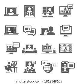 Online meeting, communication bold black silhouette icons set isolated on white. Video conference, internet education, negotiation pictograms collection. Web chat vector elements for infographic, web.