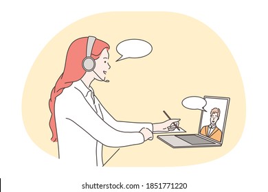 Online meeting, communication, distant work, teleconference concept. Young people business partners team coworkers discussing working project online during video call and internet online conference