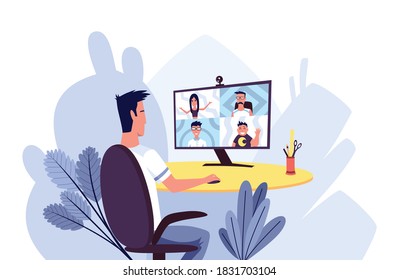Online meeting. Online communication vector concept. Man in home office. Remote online work. Stay at home vector illustration