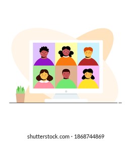 Online meeting. Computer monitor showing video conference. Online communication with colleagues. E-learning or studying at home through computer. Vector illustration in flat style for website