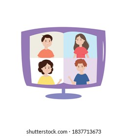 online meeting computer people connected, activity indoor vector illustration
