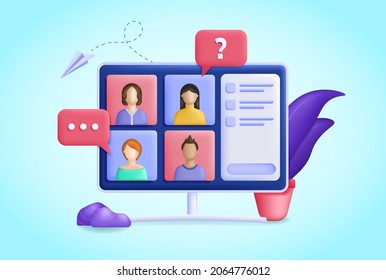 Online Meeting concept. Employees communicate via video link and discuss details of project. Tablet or computer monitor with chat. Remote work or freelance. Cartoon realistic 3D vector illustration.