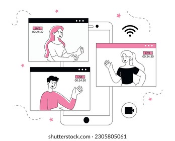 Online meeting concept. Man and woman communicate in social networks. Video conference or call on smartphone screen. Remote interaction and communication. Linear flat vector illustration