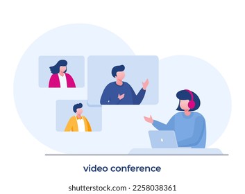 Online meeting concept. People on computer screen taking with colleague. Videoconferencing and online meeting workspace vector page