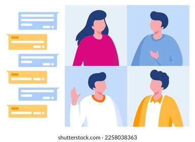 Online meeting concept. People on computer screen taking with colleague. Videoconferencing and online meeting workspace vector page