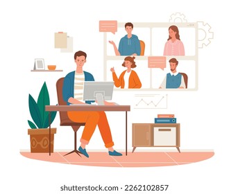 Online meeting concept. Video call or conference, remote employees or freelancers, coworking. Distance communication and interaction. Man at workplace at home. Cartoon flat vector illustration