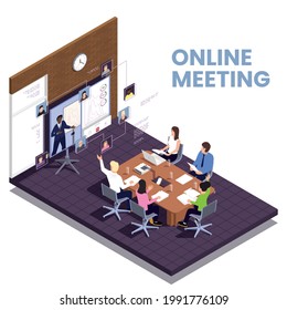 Online Meeting And Conference Concept With Content Discussion Symbols Isometric Vector Illustration