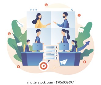 Online meeting. Online conference concept. Tiny people speak in video conference. Social distancing and self-isolation during coronavirus quarantine. Modern flat cartoon style. Vector illustration