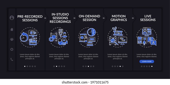 Online meeting content onboarding vector template. Responsive mobile website with icons. Web page walkthrough 5 step screens. Recorded, on-demand session night mode concept with linear illustrations