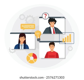 Online meeting with diverse individuals, collaborative brainstorming, and data sharing. Symbolizes teamwork and innovation in a digital workspace environment. Flat vector modern illustration 