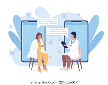 Online meeting with doctor flat concept vector illustration. Sick woman. Cold illness. Editable 2D cartoon characters on white for web design. Creative idea for website, mobile, presentation