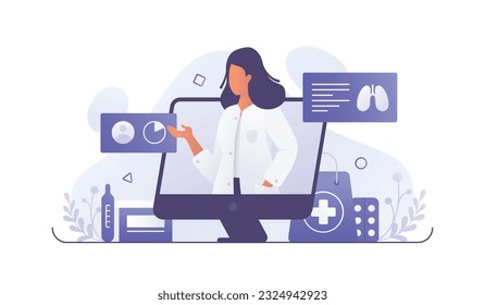 Encuentro en línea con una doctora, prescripción de tratamiento y consejo. Personaje de caricatura que ofrece servicios modernos de salud a través de Internet. Proceso de dar consultas en línea a pacientes. Vector