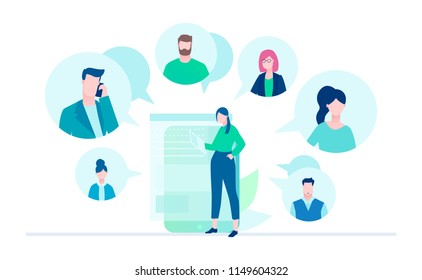 Online meeting - flat design style illustration on white background. A young female worker with a smartphone chatting with her colleagues, partners. Perfect for your website and mobile apps