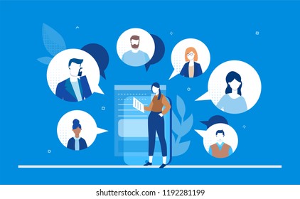 Online meeting - flat design style colorful illustration on blue background. A young female worker with a smartphone chatting with her colleagues, partners. Perfect for your website and mobile apps