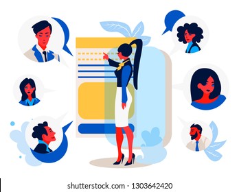Online meeting - flat design style colorful illustration on white background. A young female worker with a smartphone chatting with her colleagues, partners. Perfect for your website and mobile apps
