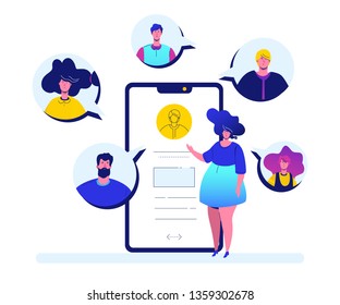 Online meeting - flat design style colorful illustration on white background. A cute girl with a smartphone chatting with her colleagues, partners or friends. Perfect for your website and mobile apps