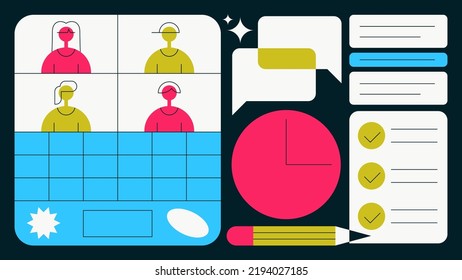 Online meeting flat illustration. Laptop with videocall interface, chat bubbles, clock face, to do list and pencil. Video conference, team work, planning concept. Simple colourful cartoon design.