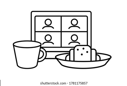 Online Meeting Friends For Breakfast Linear Icon. Party With Cup Of Tea, Coffee, Croissant. Teleconference Distance Education Learning. Thin Line Illustration. Vector Isolated Outline. Editable Stroke