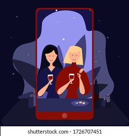 Online meeting with friends over a glass of wine. Cartoon couple talking during quarantine. Connection with isolated friends. Vector illustration