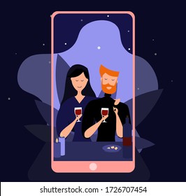 Online meeting with friends over a glass of wine. Cartoon couple talking during quarantine. Connection with isolated friends. Vector illustration