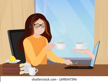 Online meeting with friends. Self-isolation concept. To have coffee together. Hand coming out of laptop screen.