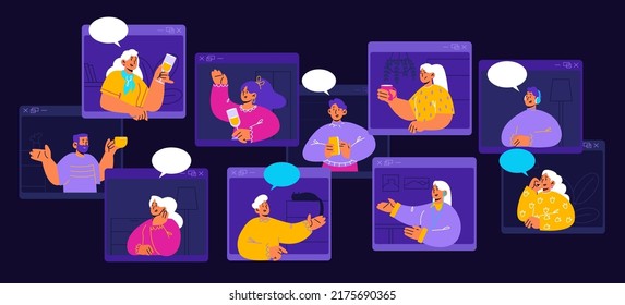 Online meeting friends, video conference with happy people on screens. Vector flat illustration of video call, virtual meeting with men and women with drinks and speech bubbles