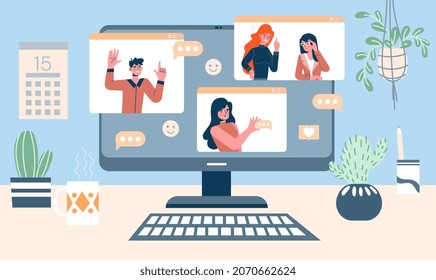 Online meeting with friends. Women and man communicate with each other online using computer and video link. Remote conversation with relatives or business conference. Cartoon flat vector illustration