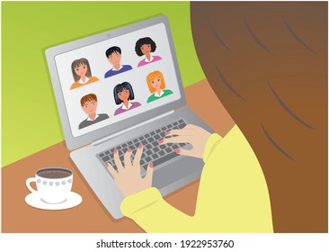 Online Meeting. Girl With Laptop And Coffe Cup. Vector Illustration.