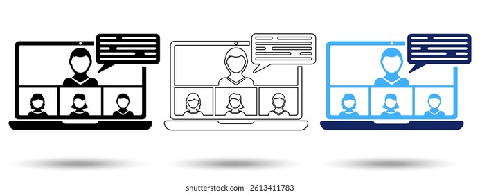 Online meeting icon. Online meeting icon on a white background, isolated. The icon has three uses in applications and websites. Vector illustration. Online meeting icon on a white background.