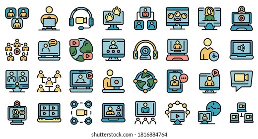 Online Meeting Icons Set. Outline Set Of Online Meeting Vector Icons Thin Line Color Flat On White