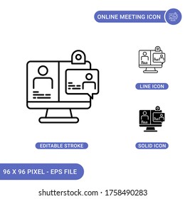 Online meeting icons set vector illustration with solid icon line style. Video communication concept. Editable stroke icon on isolated background for web design, infographic and UI mobile app.