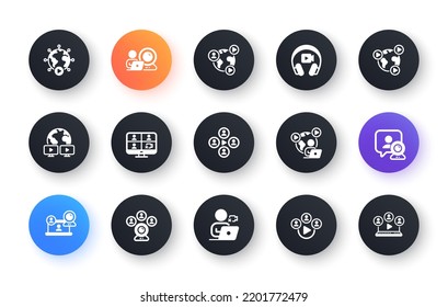 Online meeting icons. Video conference, Virtual presentation, Live chat icons. Team video, Digital training, Online presentation. Live webinar, Remote team conference, Virtual study. Vector