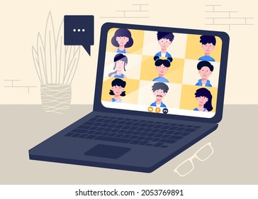 Online meeting illustration vector design concept. Man and woman at remote work conference. work from home with virtual video. Cartoon people discussion.