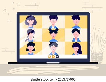 Online meeting illustration vector design concept. Man and woman at remote work conference. work from home with virtual video. Cartoon people discussion.