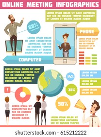 Online meeting infographic set with business symbols cartoon vector illustration