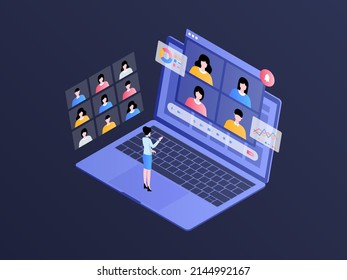 Online Meeting Isometric Illustration Dark Gradient. Suitable For Mobile App, Website, Banner, Diagrams, Infographics, And Other Graphic Assets.