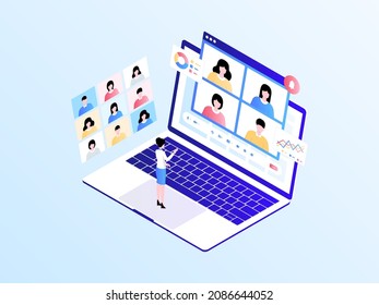 Online Meeting Isometric Illustration Light Gradient. Suitable for Mobile App, Website, Banner, Diagrams, Infographics, and Other Graphic Assets.