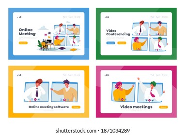 Online Meeting Landing Page Template Set. Webcam Conference with Coworkers on Huge Computer. Business Characters Speak on Video Call with Remote Colleagues. Cartoon People Vector Illustration
