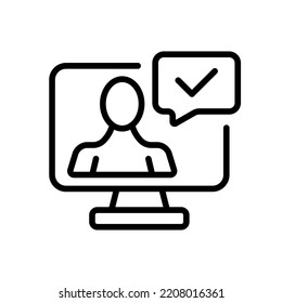 Online meeting line icon. Man with a check mark. Tick, approved, computer monitor, conference, appointment. Business concept. Vector black line icon on a white background