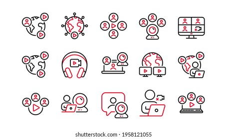 Online meeting line icons. Video conference, Virtual presentation, Live chat icons. Team video, Digital training, Online presentation. Live webinar, Remote team conference, Virtual study. Vector