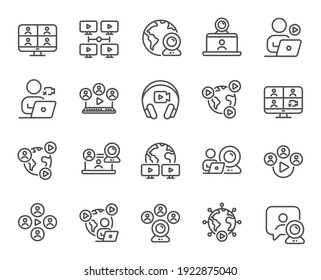 Online meeting line icons. Virtual presentation, Video conference, Live chat icons. Team video, Digital training, Online presentation. Live webinar, Remote team conference, Virtual study. Vector