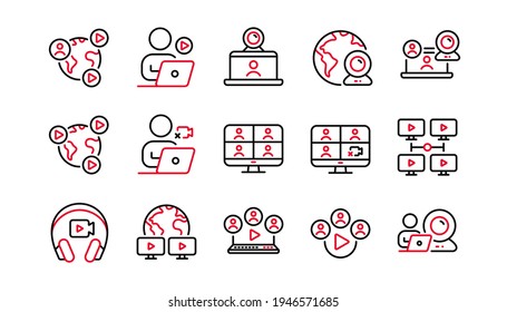 Online meeting line icons. Virtual presentation, Video conference, Live chat icons. Team video, Digital training, Online presentation. Live webinar, Remote team conference, Virtual study. Vector