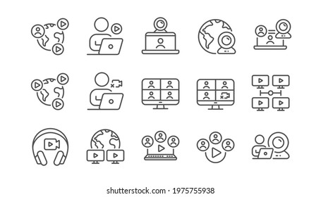 Online Meeting Line Icons. Virtual Presentation, Video Conference, Live Chat Icons. Team Video, Digital Training, Online Presentation. Live Webinar, Remote Team Conference, Virtual Study. Vector