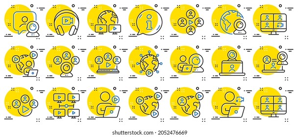 Online meeting line icons. Virtual presentation, Video conference, Live chat icons. Team video, Digital training, Online presentation. Live webinar, Remote team conference, Virtual study. Vector