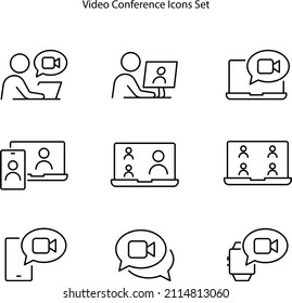 Online meeting line icons. Virtual presentation, Video conference, Live chat icons. Team video, Digital training, Online presentation. Live webinar, Remote team conference, Virtual study. 