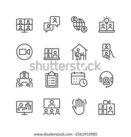 Online Meeting, linear style icon set. Virtual communication tools for collaboration and remote work. Video call, webinar, schedule, and team discussion. Digital workspace. Editable stroke width.