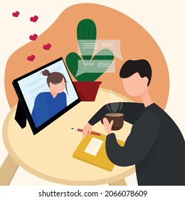 Online meeting of lovers. Young people are talking in videoconference mode on a tablet, sitting at a table with a cup of coffee, Internet. illustration in a flat style