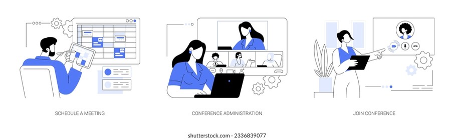 Conjunto de ilustraciones vectoriales abstractas de administración de reuniones en línea. Programar una nueva llamada de negocios, administración de conferencias virtuales, unirse a videochat, colaboración de software metáfora abstracta.