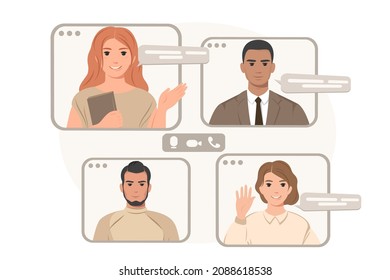 Online meeting multicultural international team via group call. Video сonference for remote work or education from home. Vector illustration in flat style.